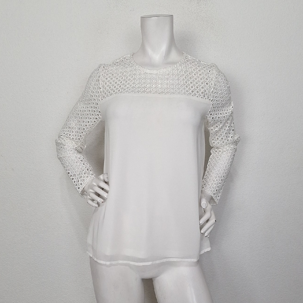 Wells Grace Women's White Crochet Coquette Preppy Long Sleeve Blouse Size S